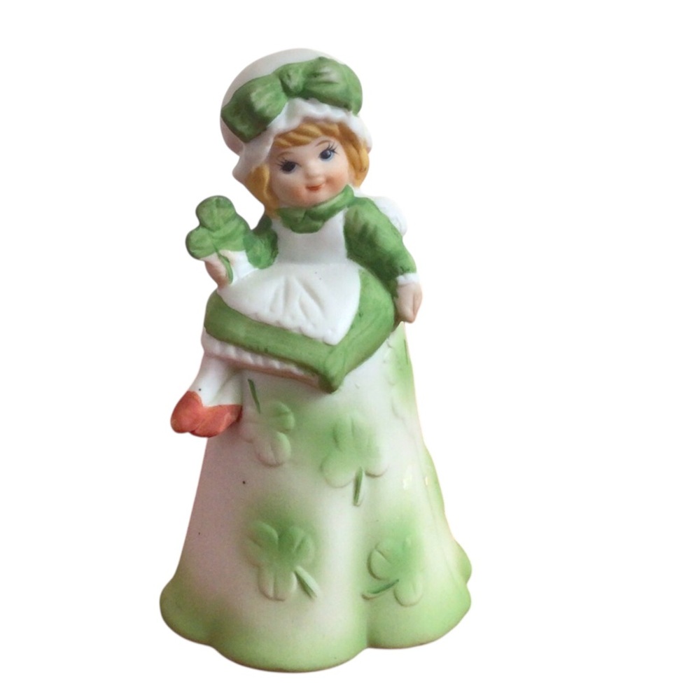 VTG Porcelain Bisque, Lego Irish Girl Bell Shamrock Clover